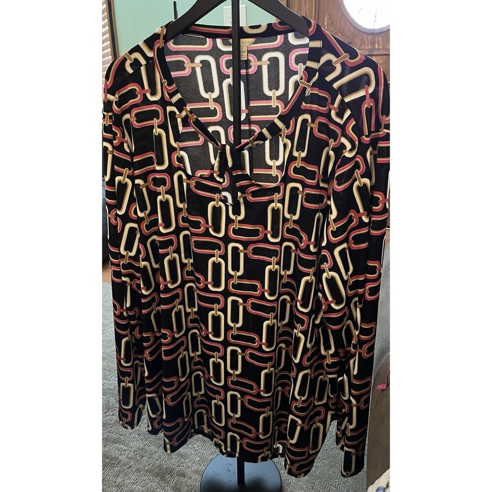 Womens pullover top, CATO 26/28 black, multi-color hi-low 3 Keyhole